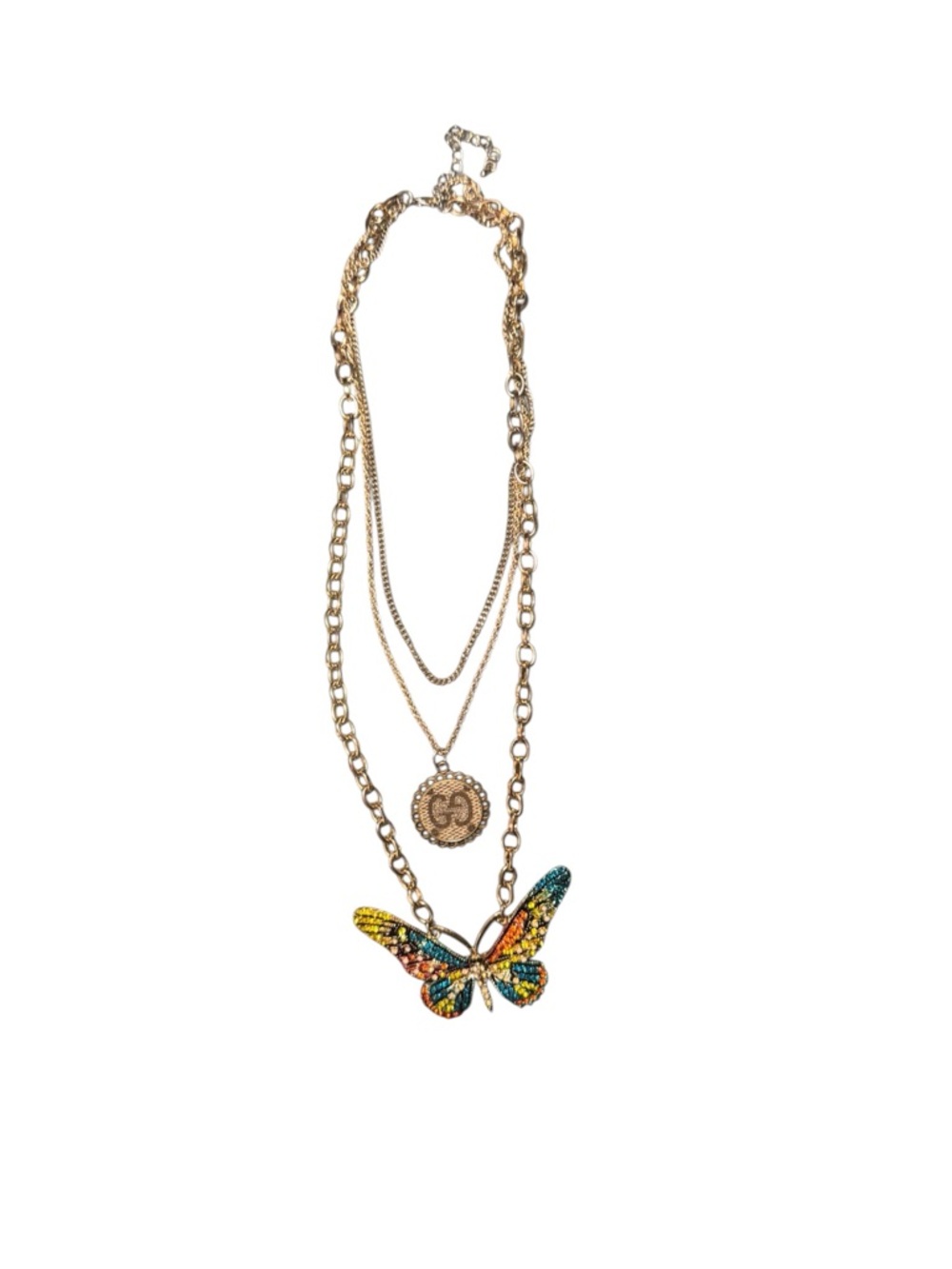 Layered Gold Necklace with Multicolor Crystal Butterfly Pendant